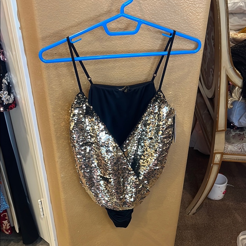 Guess Black and Gold Sequin Bodysuit size S